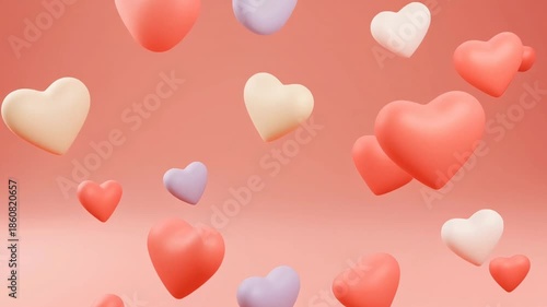 Numerous pastel-colored 3D hearts floating against a soft pink background, symbolizing love and affection.