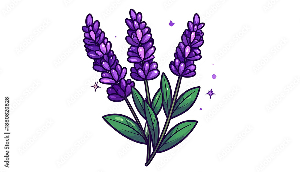 Obraz premium Cartoonish sprig of purple lavender with green leaves, outlined, with glinting details
