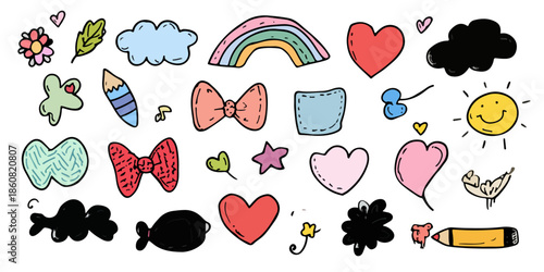 手描き風のハート、雲、虹、リボン、太陽、花、葉っぱなど、多様な可愛らしいイラスト素材が多数集まった、背景が透明なデザインエレメントのセット。