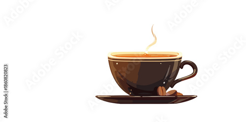 湯気が立ち上る温かいコーヒーカップとソーサー、数粒のコーヒー豆が添えられた、透明感のある白背景に分離されたベクターイラストレーション。