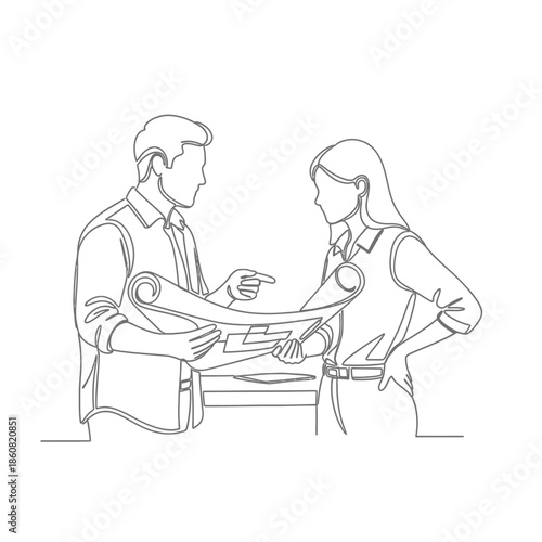 Teamwork Two Professionals Reviewing Blueprint Plans Together.