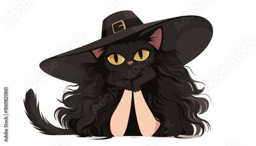 黒い魔女の帽子をかぶり、豊かな黒髪と人間の手を持つ愛らしい黒猫が、透明な背景で神秘的な魅力を放ち、見る者を惹きつけるキュートなデジタルイラストレーション。