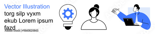 Technology, innovation, virtual communication, teamwork, education, creative ideas. Gear lightbulb, person and remote working man. Technology and innovation focusing on collaboration