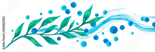 水彩タッチで描かれた爽やかな緑の葉の小枝と、軽やかに流れるような青い泡と波線が、透明感あふれる清涼な自然の息吹を表現するエコフレンドリーなデザイン背景イラスト素材で、環境やウェルネス関連のコンテンツに最適です。