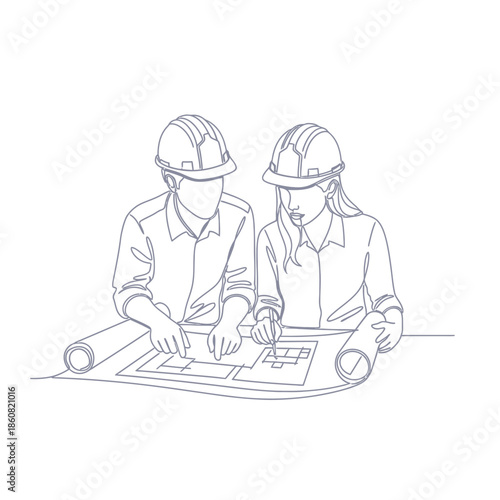 Engineers reviewing blueprint together collaborative work.