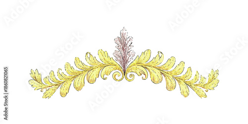 美しい金色の葉の装飾的なボーダーデザイン、クラシックなバロック様式で描かれたエレガントなイラストレーション素材、透明背景で様々な用途に利用可能。
