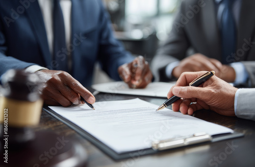 Wallpaper Mural A professional business meeting with two lawyers and a businessman discussing legal documents in a modern office Torontodigital.ca