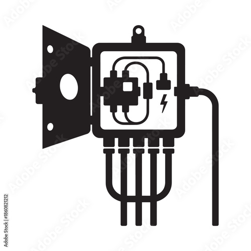 Black and white illustration of a film projector with electrical wiring