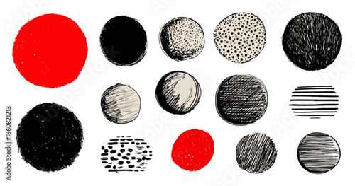 手描きで描かれた赤と黒の円形や楕円形の図形が、ドットや線、ハッチングなどの多様なテクスチャで表現された、透明感のある抽象的なデザイン要素のコレクション。ウェブサイト、プレゼンテーション、印刷物など、様々な用途に利用可能なモダンな素材。