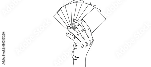 Continuous line drawing of a hand holding playing cards, symbolizing gambling, poker, bridge, magic tricks, leisure games, betting, and entertainment.
