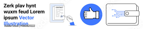 Digital security, financial transactions, communication, authentication, business agreements, online identification. Pen signing a contract, thumbs-up symbol connected digital wallet. Digital