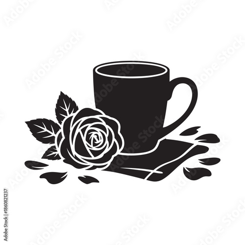 A delicate black and white illustration of a teacup and rose