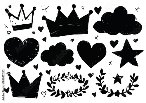 手描き風の王冠、ハート、雲、星、月桂樹のシルエットが散りばめられた、かわいらしい落書き風の装飾的な背景素材セット、透過処理に最適。