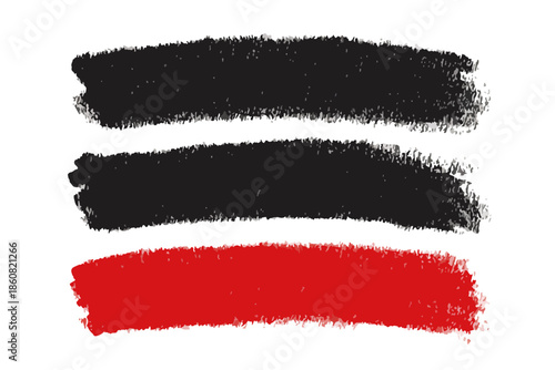 白い背景に描かれた、手書き感のある黒と赤のクレヨンのような粗いテクスチャの水平ストローク3本が、デザイン要素や強調表現に使えるグラフィック素材として配置されています。