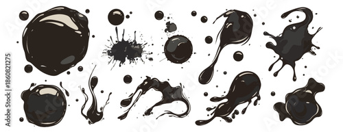 さまざまな形とサイズの黒いインクの飛び散り、滴、汚れのセットは、デザインプロジェクトにダイナミックな視覚効果を加えるための汎用性の高いグラフィックリソースです。