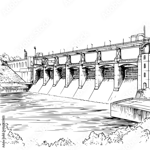 Illustration of hydroelectric dam structure for water power generation and energy production project design