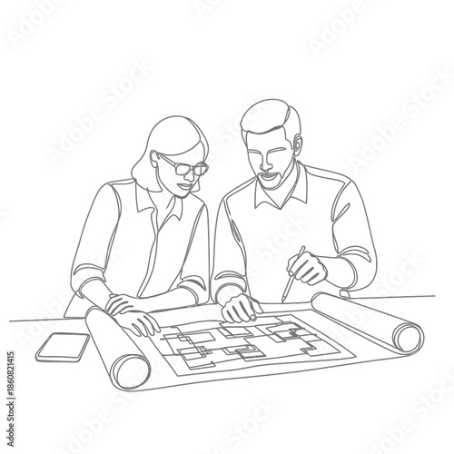 Architects reviewing blueprint together office teamwork.