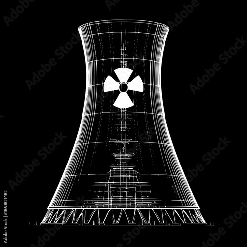 Nuclear power plant cooling tower wireframe blueprint design illustration for energy production concept