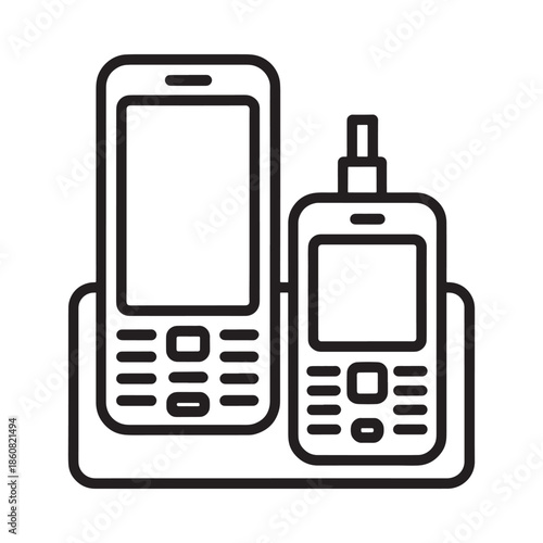 Line art illustration of two vintage mobile phones in black and white