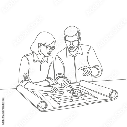 business team discussing blueprint architects working together.