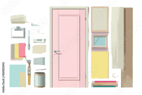 ピンクのドアと様々な色見本や道具が並び、新しい住空間の創造に向けたリフォームやインテリアデザインの準備と計画を表現した、透明感のあるイラストレーション。