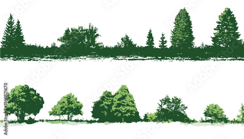 白い背景に様々な種類の木々や植生のシルエットが並ぶ透明なベクターイラスト。環境保護や自然をテーマにしたデザイン素材として、ウェブや印刷物など幅広い用途に活用できます。