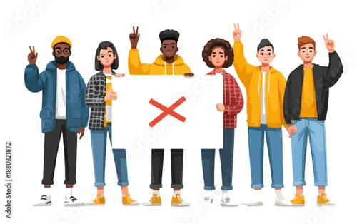 多様な若者たちが赤いバツ印のプラカードを掲げ、平和のサインをする姿が、社会問題に対する彼らの連帯と意思表示を透明な背景で表現しています。