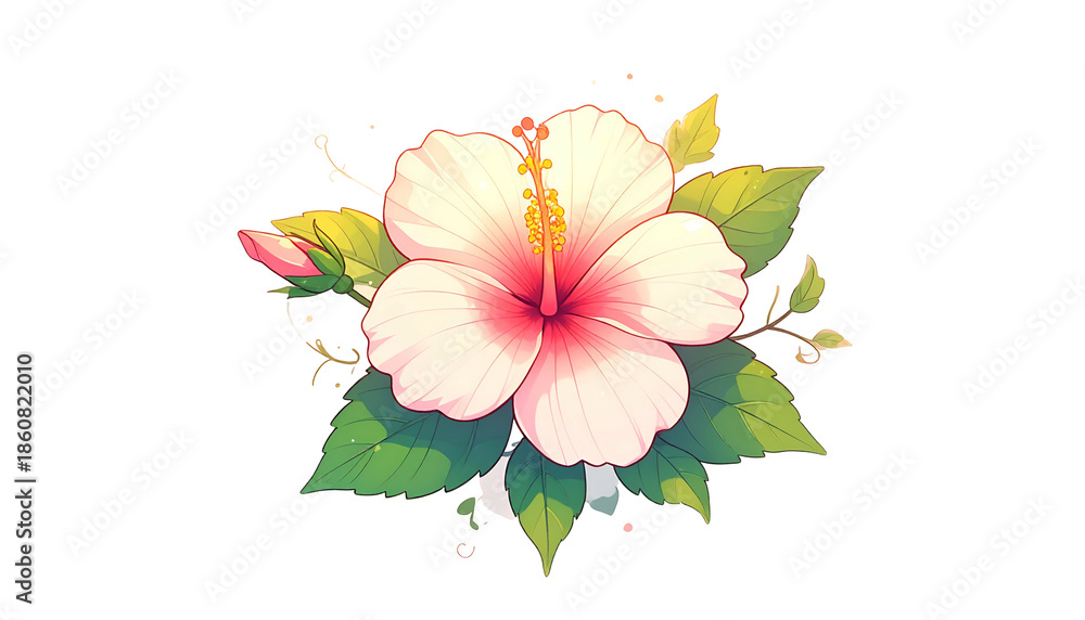 Obraz premium A vibrant illustration features a blooming hibiscus flower with leaves and buds