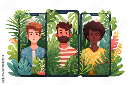 多様な人々が緑豊かな植物に囲まれたスマートフォン画面に現れ、自然とのつながりやデジタルウェルビーイング、環境意識を表現するイラスト。