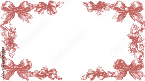 透明な背景に手描きされたビンテージ風のリボンと弓の装飾的なフレームは、グリーティングカードや招待状、メッセージカードのデザイン素材として優雅でクラシックな雰囲気を演出するのに最適です。
