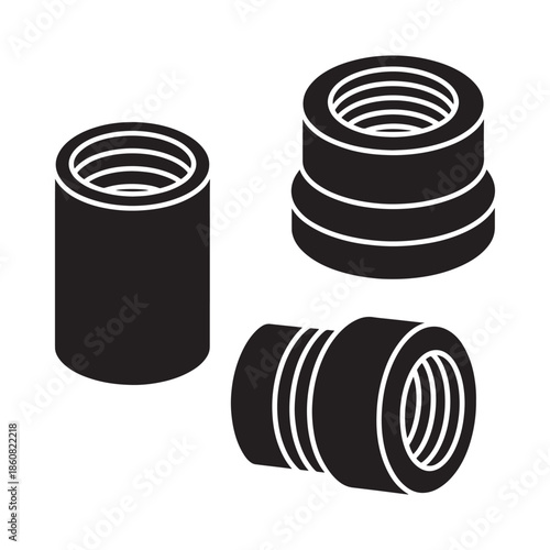 Black and white illustration of three different cylindrical mechanical parts