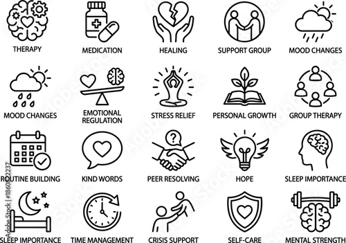 Set of 20 black line icons for mental health, therapy, emotional support, and wellness, ideal for vector illustration content