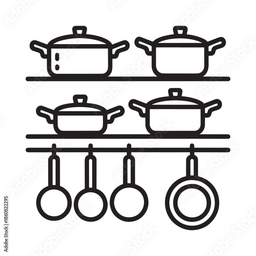 Black and white line art illustration of kitchen cookware on shelves