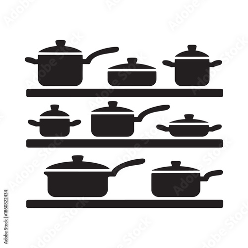 Black and white illustration of cookware arranged neatly on multiple shelves