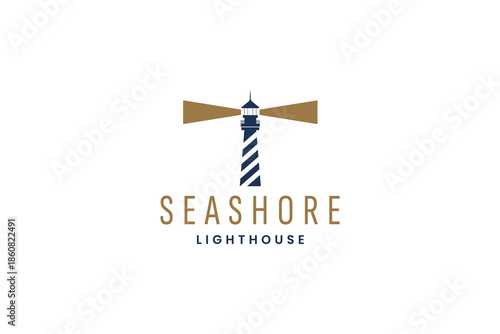 Lighthouse and beach wave logo, ship navigation logo