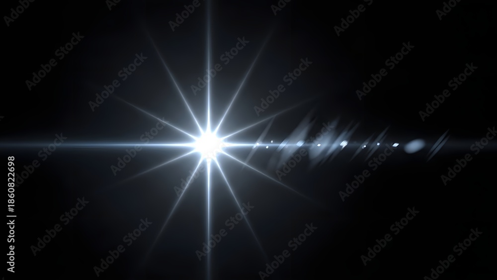 Fototapeta premium An abstract blue background with bright rays and light effects creates a digital motion design featuring glowing star flares, laser beams, and an energy explosion in dark space