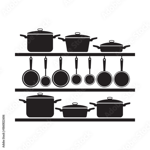 Black and white illustration of cookware arranged on multiple shelves