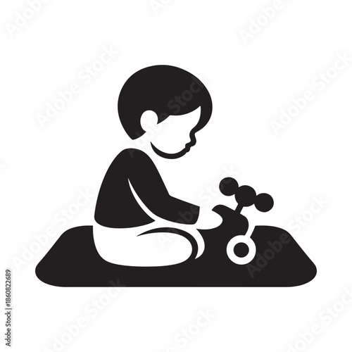 A simple black and white icon depicting a child playing with toys