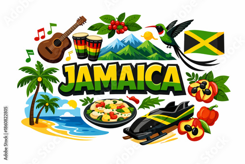 Jamaica culture vector illustration with reggae mountains wildlife cuisine and national symbols