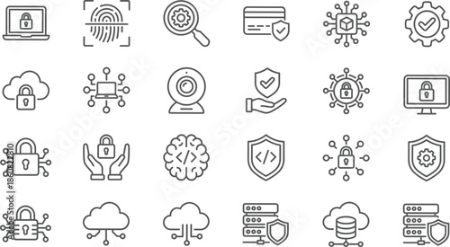 Minimal cybersecurity and data protection icon set for network security, cloud safety, privacy, encryption, authentication, outline vector design, modern