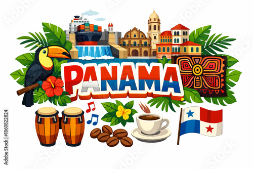 Panama culture vector illustration with canal colonial architecture rainforest music and national symbols