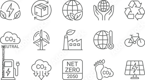 Minimal sustainability and renewable energy icon set for climate change, net zero, eco friendly technology, carbon reduction, outline vector design
