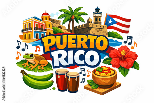 Puerto Rico culture vector illustration with colonial architecture music cuisine nature and national symbols