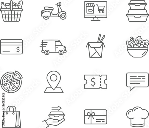 Minimal food delivery and online shopping icon set for ecommerce, grocery, restaurant service, payment, logistics, outline vector design, collection, modern