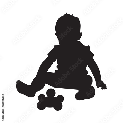 Silhouette of a baby crawling with a dog shaped chew toy