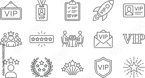 Minimal VIP membership and premium service icon set for loyalty, exclusive access, rewards, business branding, outline vector collection, modern, editable