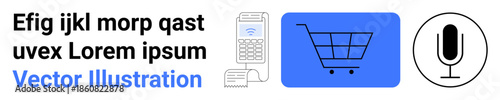 E-commerce, communication, voice recognition, digital shopping, technology, online shopping. Blue shopping cart icon, wireless phone and microphone symbol. E-commerce and voice recognition concept