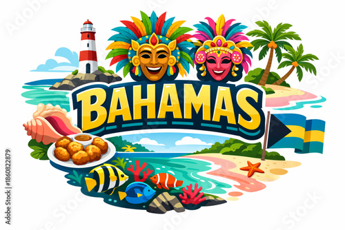 Bahamas culture vector illustration with beach festival cuisine marine life and national symbols