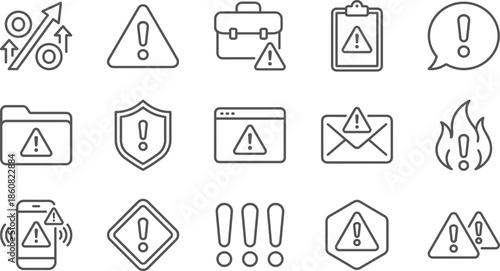 Minimal warning and alert icon set for user interface, security, notification, error symbols, vector outline design collection isolated modern editable