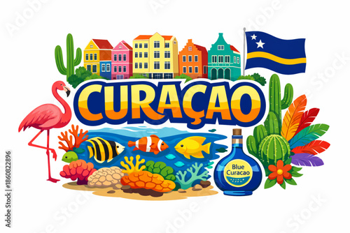Curacao culture vector illustration with Caribbean architecture wildlife nature and national symbols